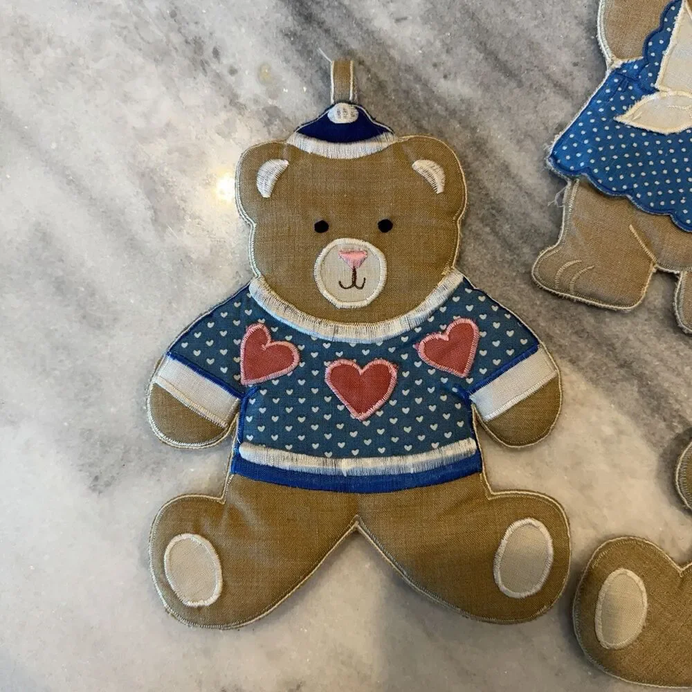 Set Of 3 Vintage Teddy Bear Fabric Wall Hangings Or Hot Pads/Pot Holders